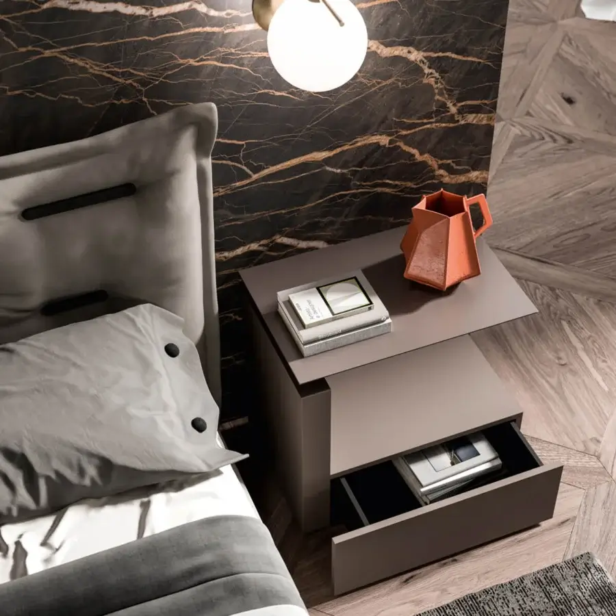 Elegant Ozzio Italia Malibù side table with rotating metal top, column and drawer in closed-pore lacquer tones