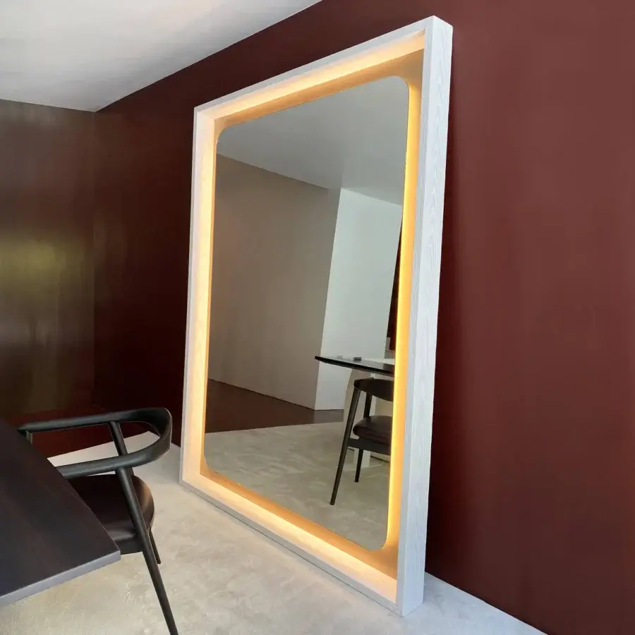Lavish Casa Casati Splendo floor mirror with clear glass and 22kt gold leaf, finished in matte orange and light-toned wood