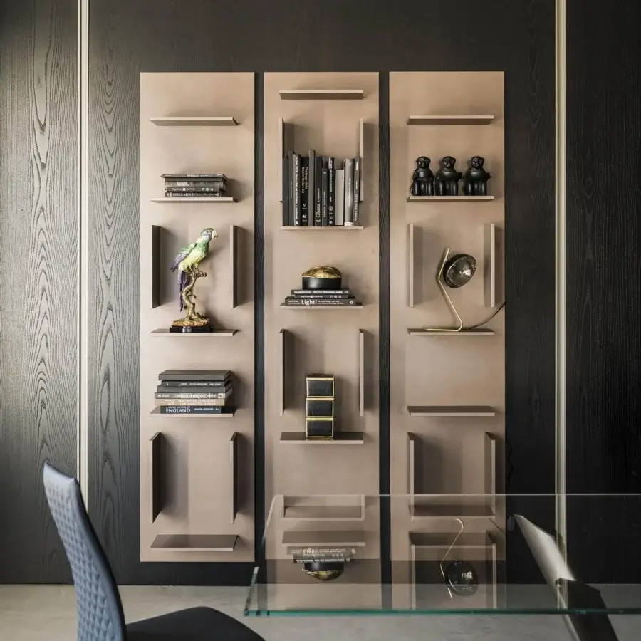 Superior Cattelan Italia Fifty bookcase, a wall-mounted composition crafted in neutral-toned wood composite with a matte finish and rectangular compartments