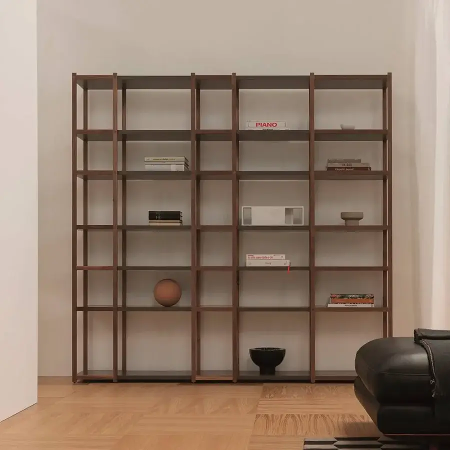 Exceptional Horm 93-08 bookcase with solid wood structure, elegant MDF shelves, and uniform medium-toned brown finish crafted in Italy