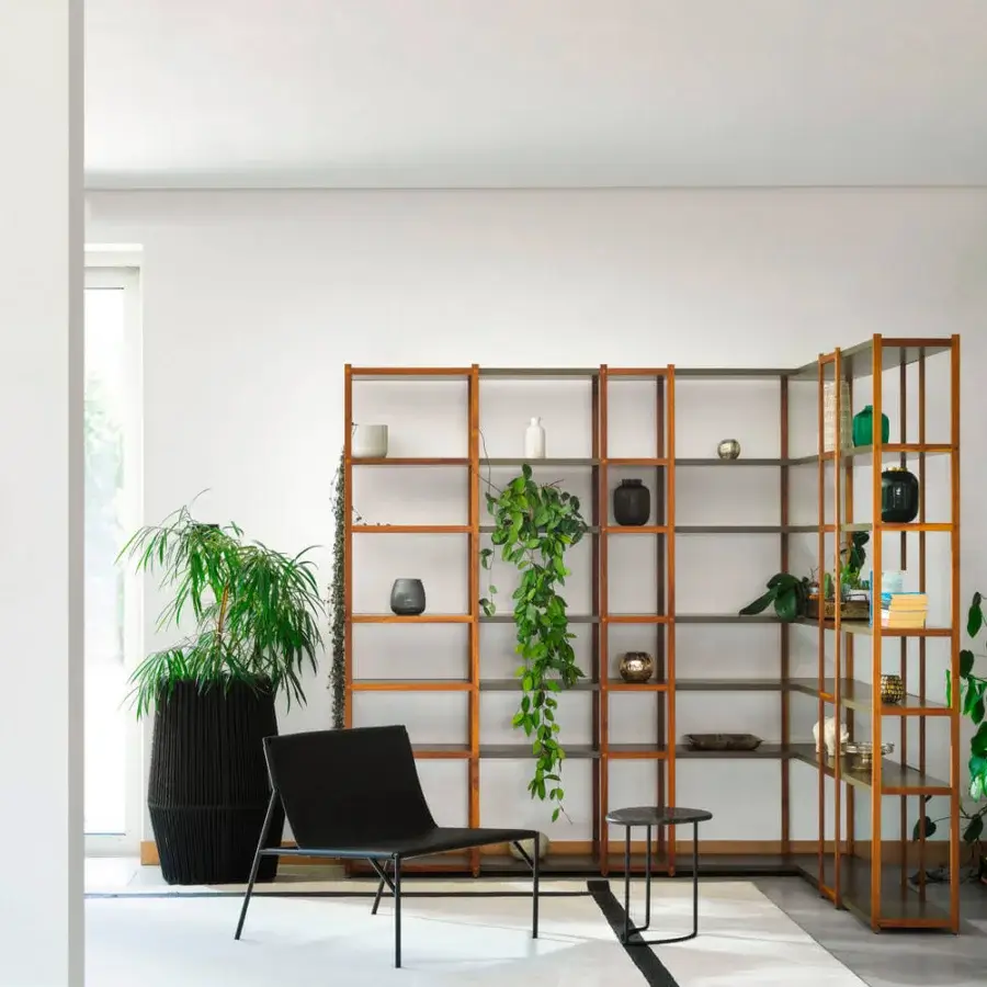 Elegant Horm 93-08 bookcase built in solid wood with adjustable feet and visually rhythmic MDF shelving