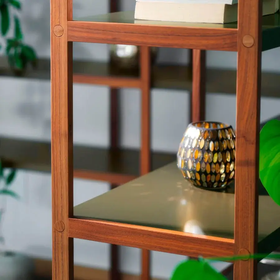 Distinguished Horm 93-08 bookcase crafted in solid wood with cool green MDF shelves and walnut caps