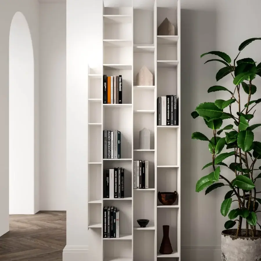 Superior Ozzio Italia Byblos bookcase presents a labyrinthine design with irregularly shaped shelves and uprights in matte white finish