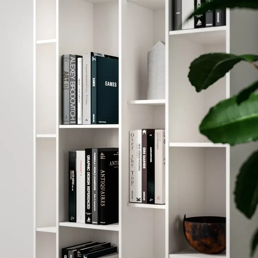 Captivating Ozzio Italia Byblos bookcase presents interweaving uprights and shelves in smooth matte white finish