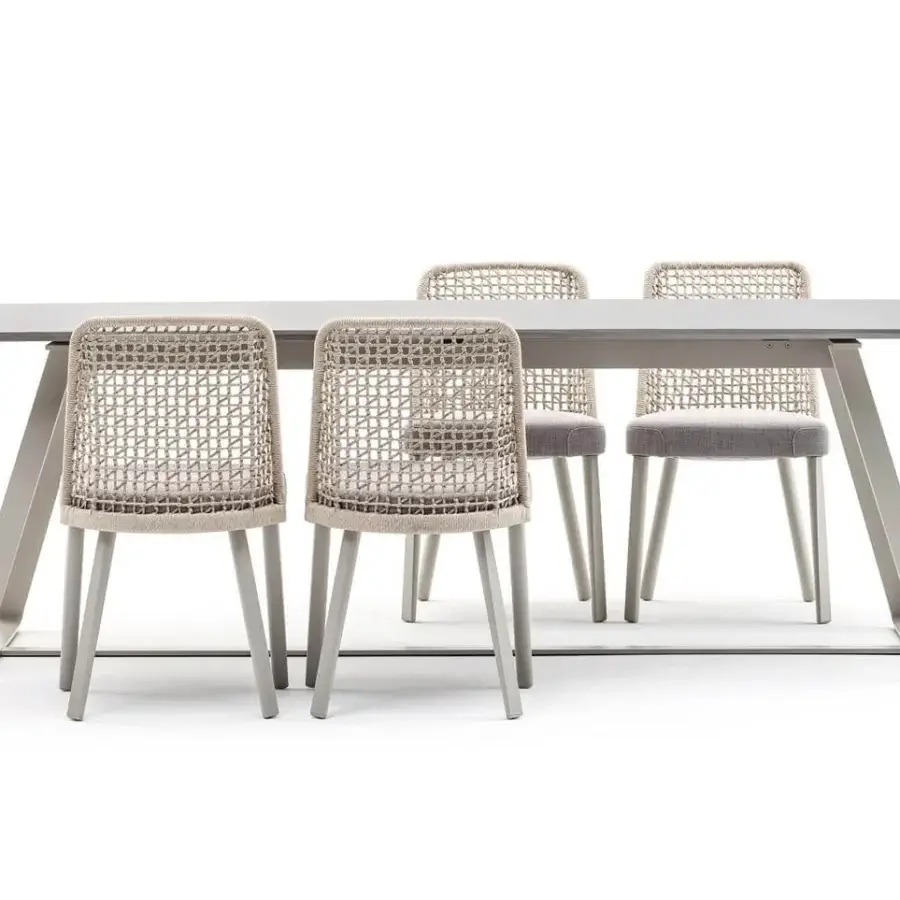 Superior Varaschin Emma chair with a powder-coated aluminum frame and hand-woven synthetic fiber cord backrest in a natural tone