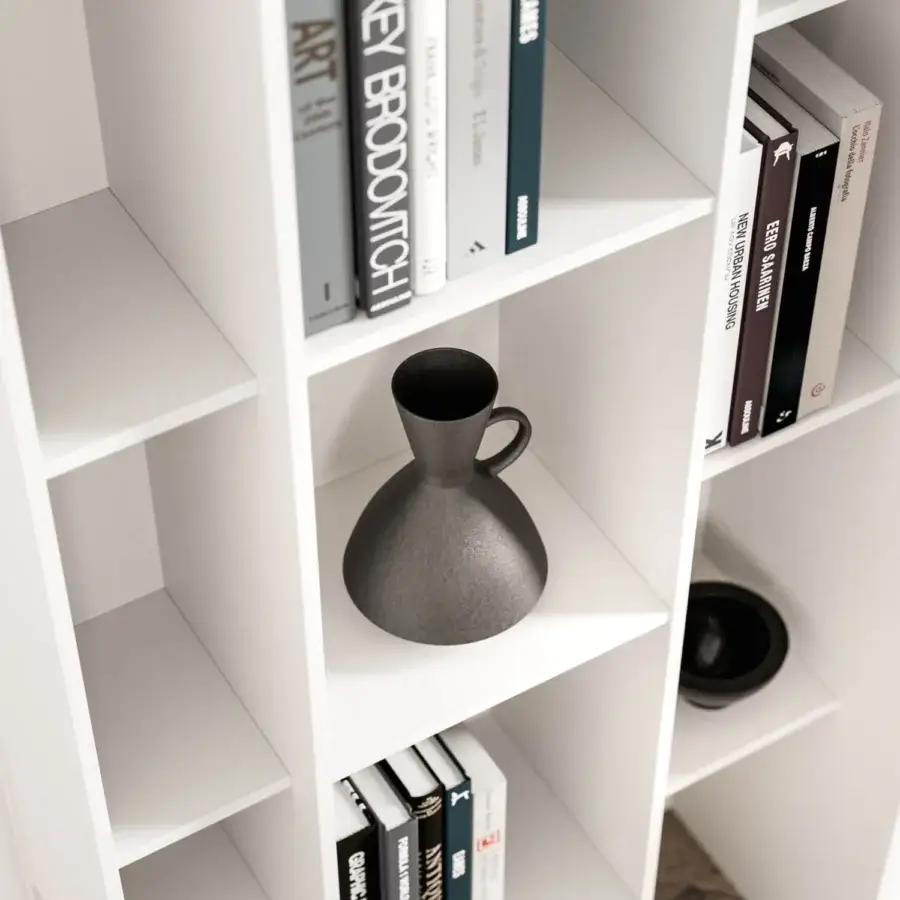 Distinguished Ozzio Italia Byblos bookcase presents uniquely intertwining shelves and uprights in matte white wood composite construction