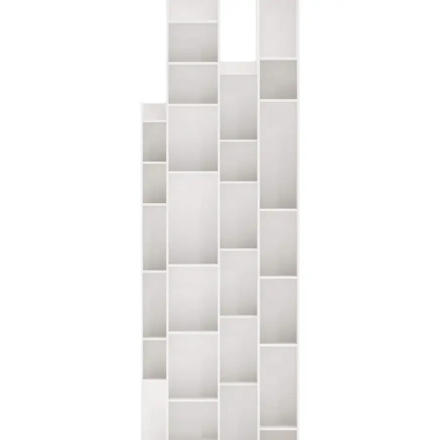 Avant-garde Ozzio Italia Byblos bookcase displays a labyrinthine arrangement of shelves and uprights in smooth matte white finish