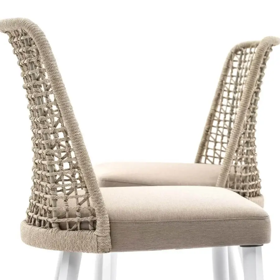 Distinguished Varaschin Emma chair with light beige hand-woven synthetic fiber and a white powder-coated aluminum structure