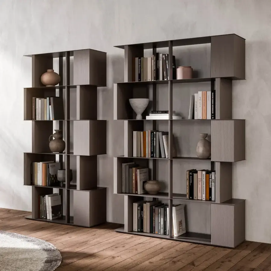Exceptional Ozzio Italia Manga bookcase displays wood dividers with metal uprights and shelves in medium gray-brown tones with open-pore finish