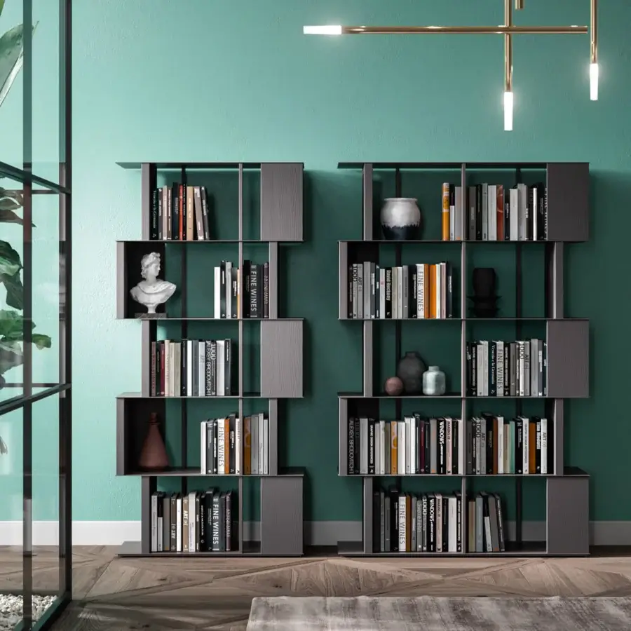Superior Ozzio Italia Manga bookcase displays a self-supporting structure with wood dividers and metal shelves in medium gray with a matt lacquered open pore finish