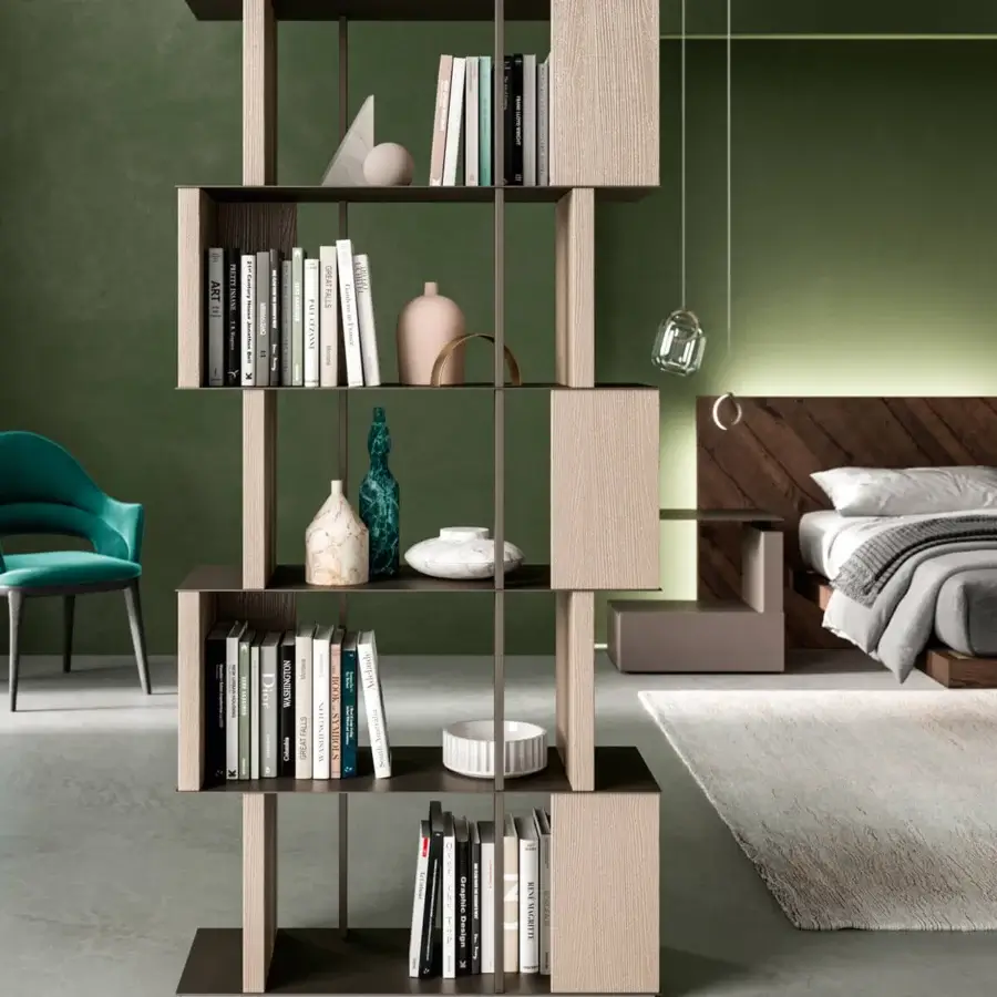 Distinguished Ozzio Italia Manga bookcase displays a self-supporting structure crafted in wood with dark metal uprights and shelves