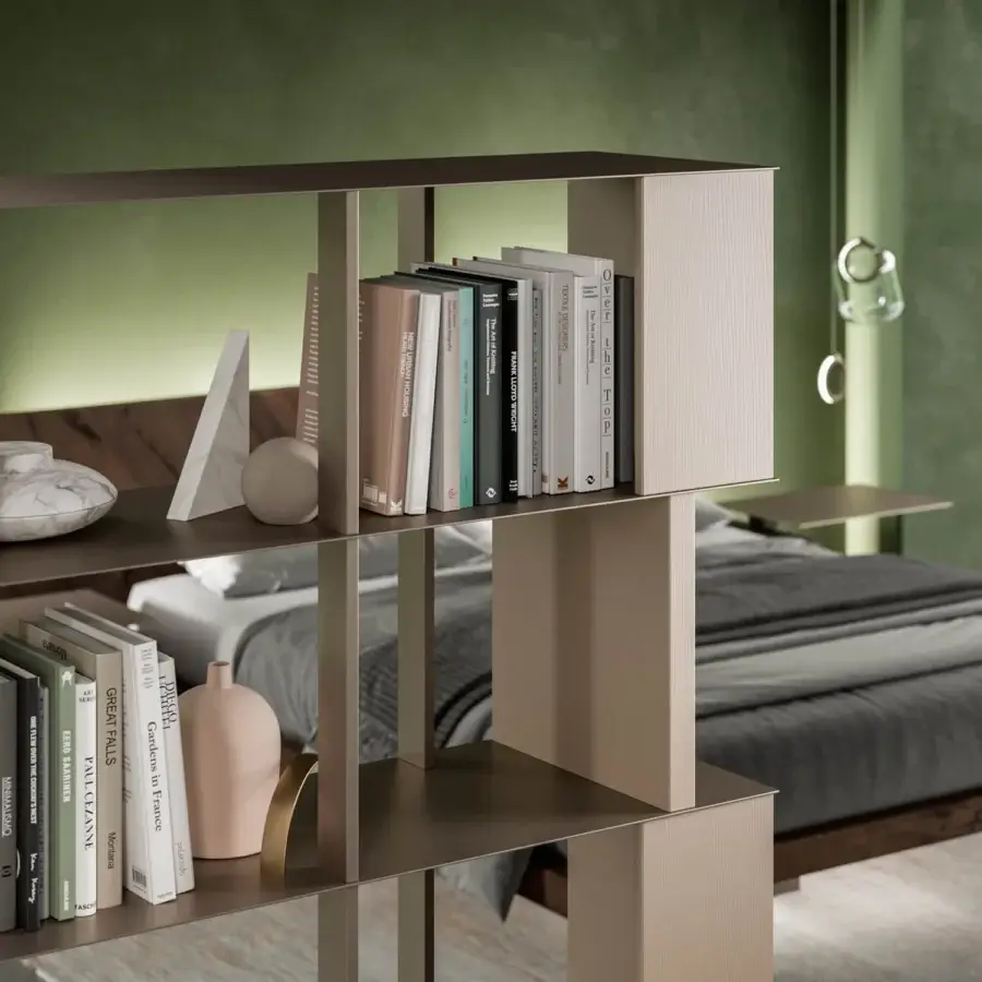 Exceptional Ozzio Italia Manga bookcase displays a self-supporting structure built with textured wood and bronze-like metal uprights and shelves