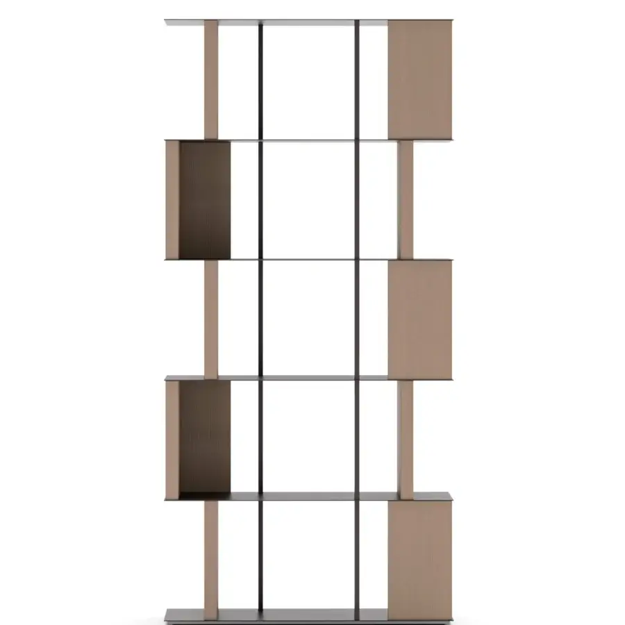 Elegant Ozzio Italia Manga bookcase presents a self-supporting structure built with dark shelves and light wood finish dividers with metal uprights