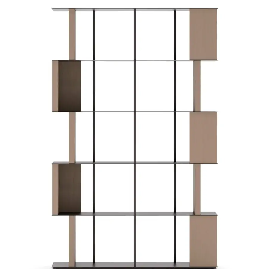 Distinguished Ozzio Italia Manga bookcase presents a two-sided self-supporting structure crafted in light matte wood with darker wood panels