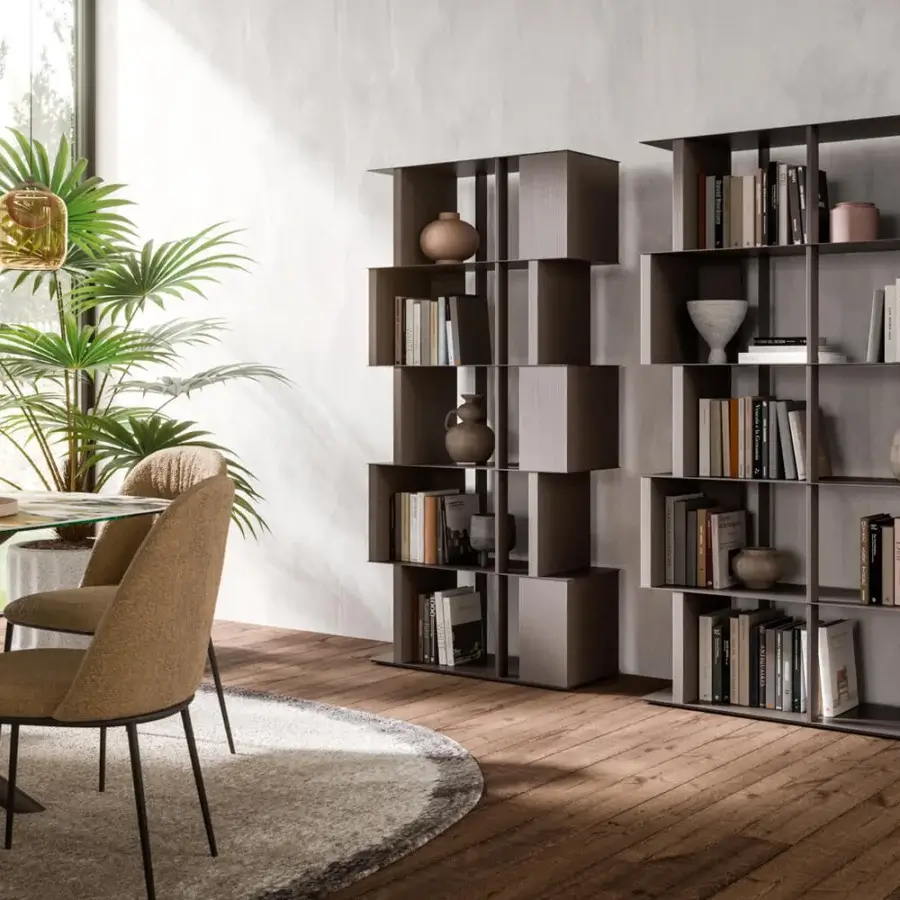 Exceptional Ozzio Italia Manga bookcase presents a two-sided self-supporting sculpture built with wood finish shelving and metal uprights