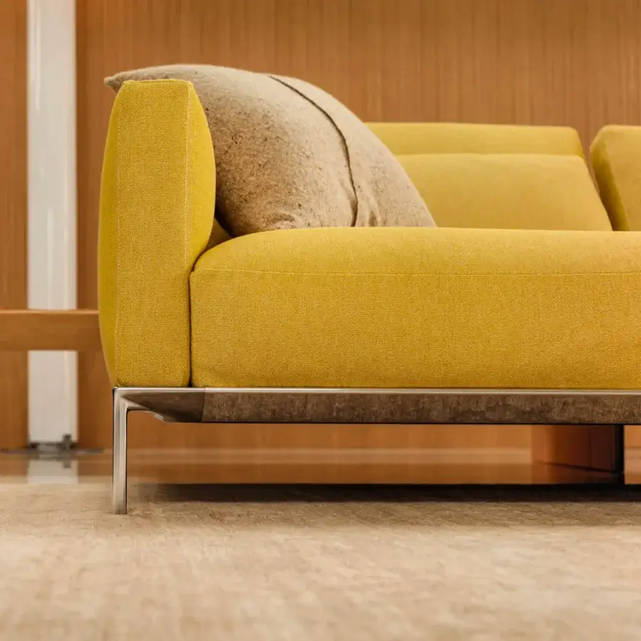Exceptional Horm Dizzy sofa crafted with a light ecological aluminum frame and textured yellow upholstery with a brushed finish