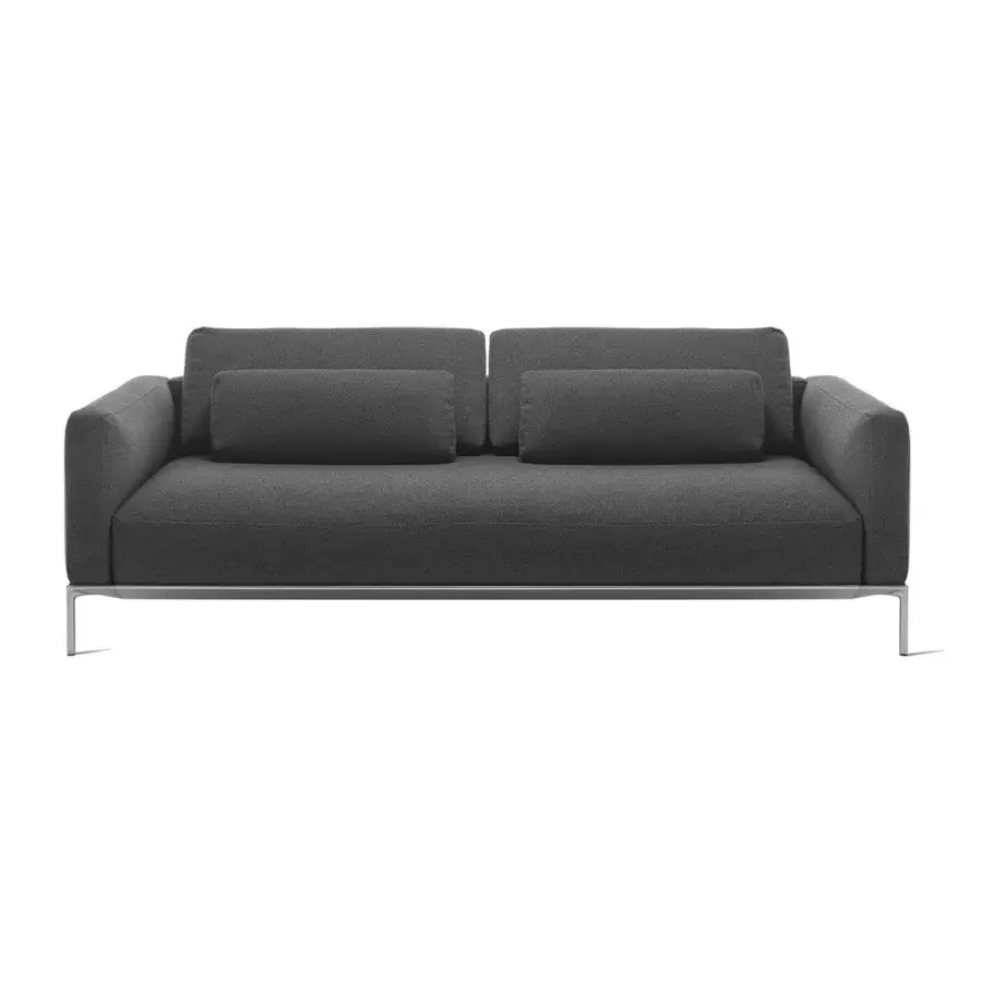 Superior Horm Dizzy sofa crafted with a light ecological aluminum frame enveloped in dark gray textured textile with brushed metal legs