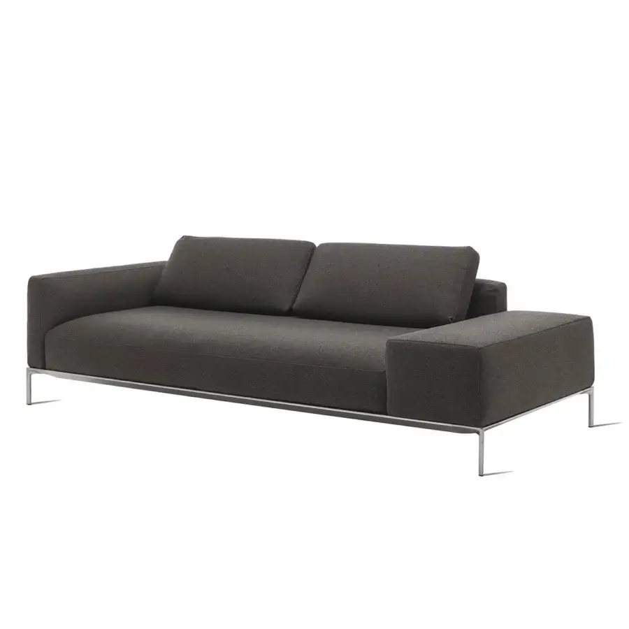Elegant Horm Dizzy sofa crafted with a light ecological aluminum frame upholstered in dark gray textile with a matte finish