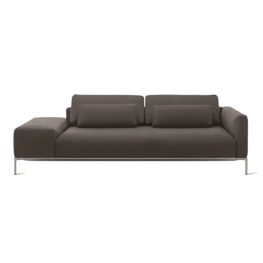 Distinguished Horm Dizzy sofa crafted with a light ecological aluminum frame upholstered in dark gray woven textile with a sleek brushed metal base