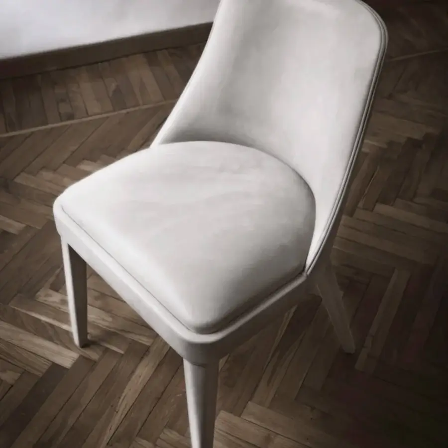 Sophisticated Casa Casati Lola chair upholstered in smooth matte fabric with beech wood internal frame and light gray finish