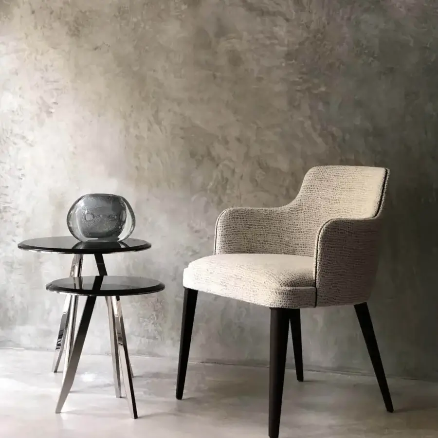 Elegant Casa Casati Lola chair with beech wood legs stained in dark moka and light beige textured textile upholstery with matte finish
