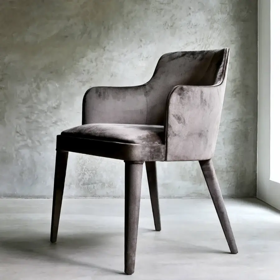 Exclusive Casa Casati Lola chair upholstered in muted gray-brown fabric with shaped polyurethane and slender beech wood legs