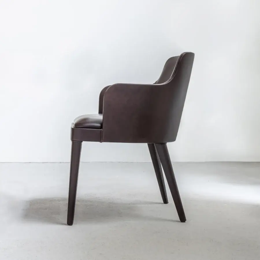 Superior Casa Casati Lola chair upholstered in dark brown leather with refined piping and Moka finished beech wood legs