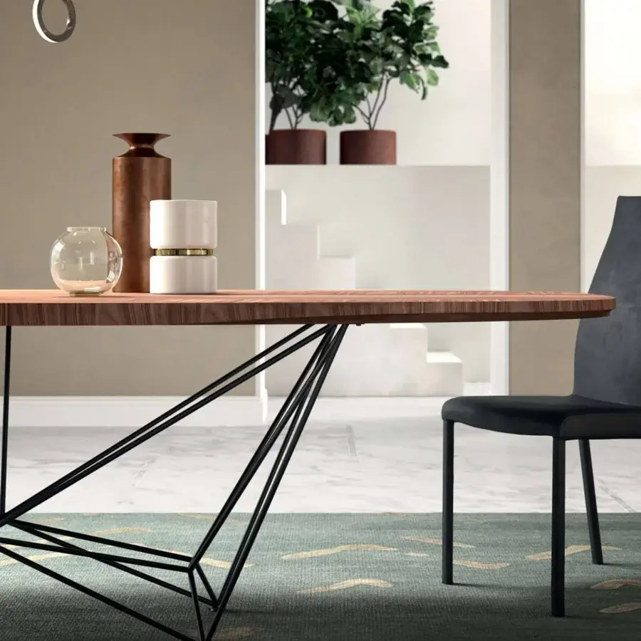 Superior Ozzio Italia Fil8 table with smooth wood top and striking black metal rod base crafted with height-adjustable feet