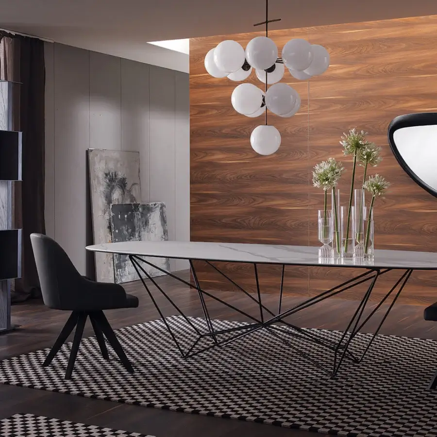 Superior Ozzio Italia Fil8 table with Marble Glass top exhibiting grey veining and interwoven matte black metal base