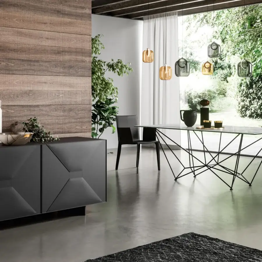 Elegant Ozzio Italia Grace sideboard with lacquered container and leather doors framed by aluminum with a transparent glass top