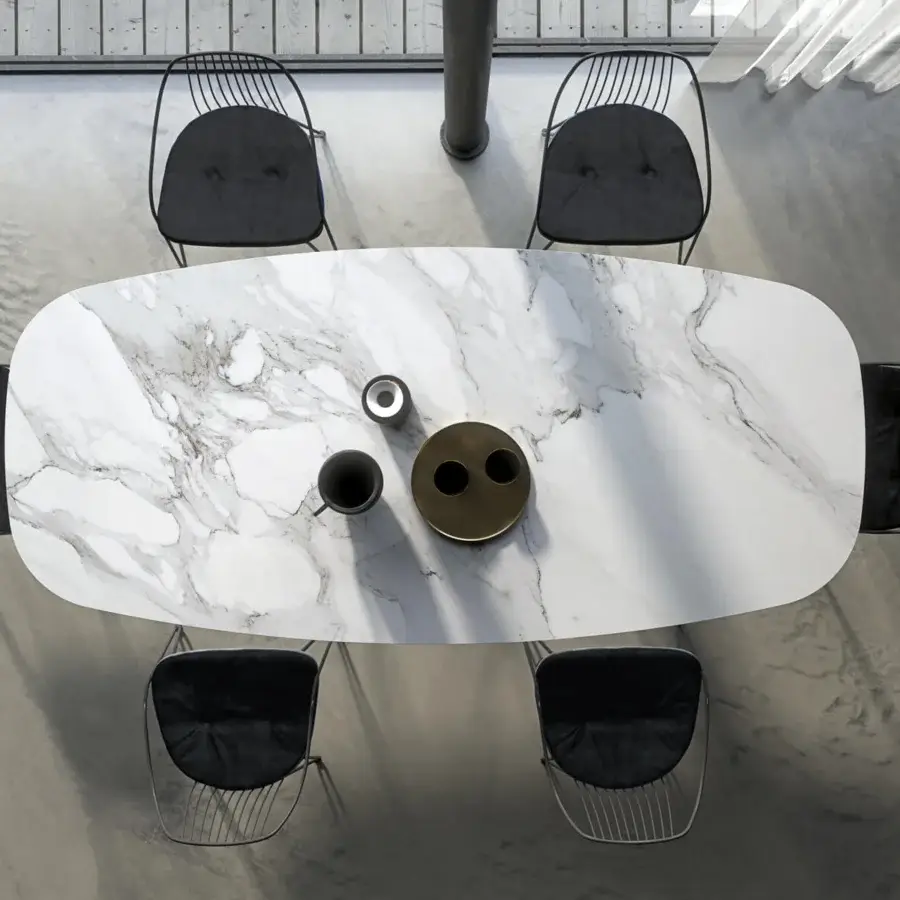 Sophisticated Ozzio Italia Fil8 table with white Marble Glass top exhibiting subtle grey veining and metal rod base