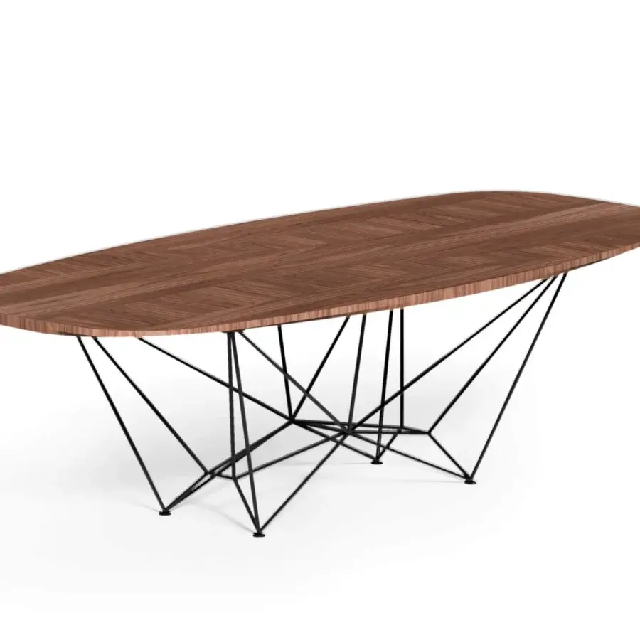 Exceptional Ozzio Italia Fil8 table with a herringbone patterned wooden top and stark black geometric metal rod base