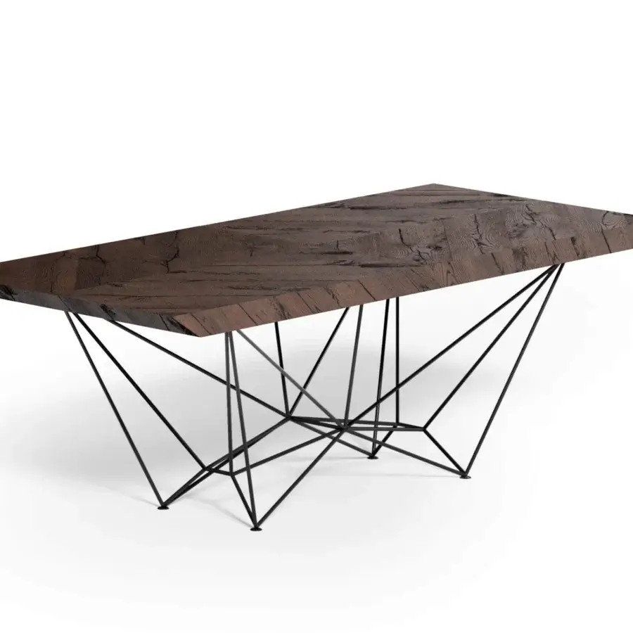 Distinguished Ozzio Italia Fil8 table with a textured dark brown wood top and matte black steel base