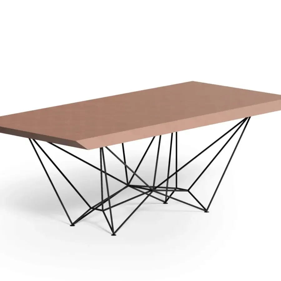 Superior Ozzio Italia Fil8 table with a black metal rod base and smooth light-brown matte rectangular tabletop crafted in Italy