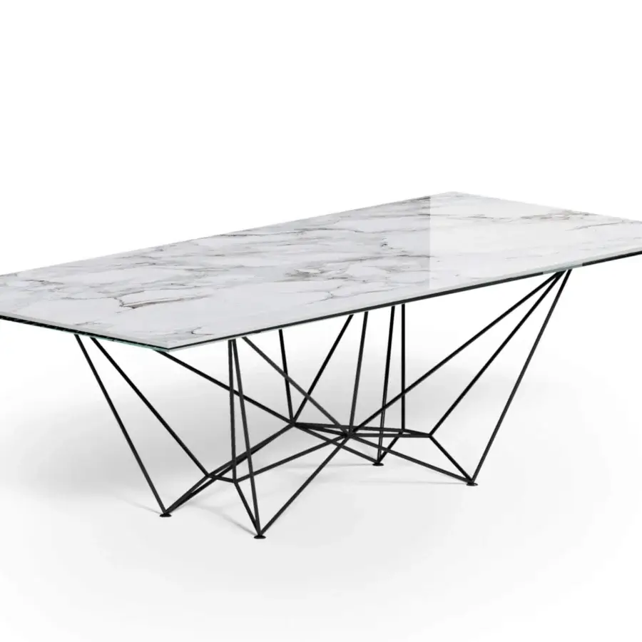 Elegant Ozzio Italia Fil8 table with a glossy marble-patterned top and intricate black metal rod base