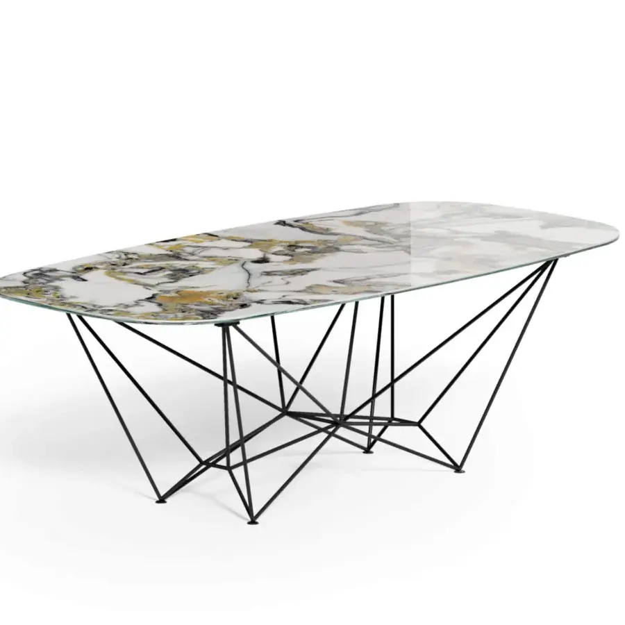 Distinguished Ozzio Italia Fil8 table with interwoven black metal rods and a marble-like patterned tabletop in white, gray, and gold tones