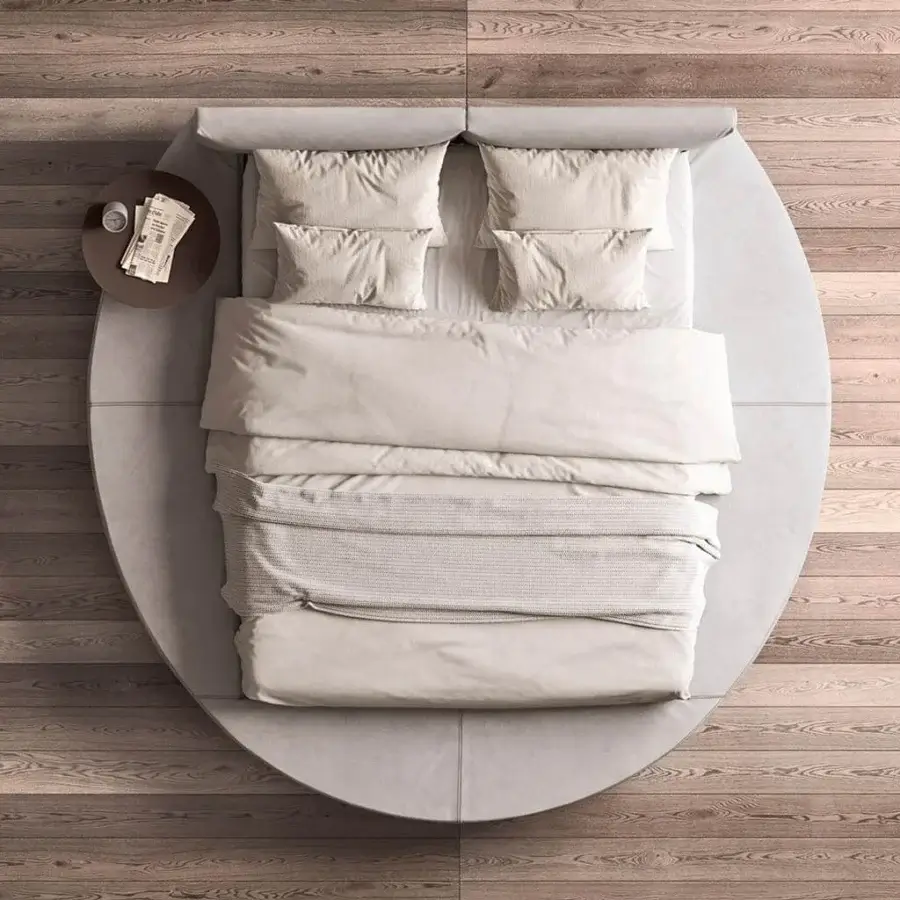 Exceptional Presotto Zero bed with rounded silhouette upholstered in light beige eco-leather and padded frame