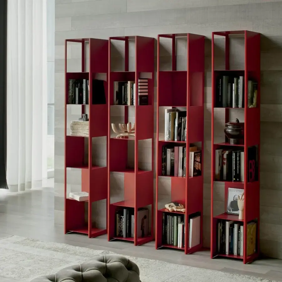Exceptional Cattelan Italia Joker bookcase, a modular storage unit in matte red painted steel with geometric open shelving