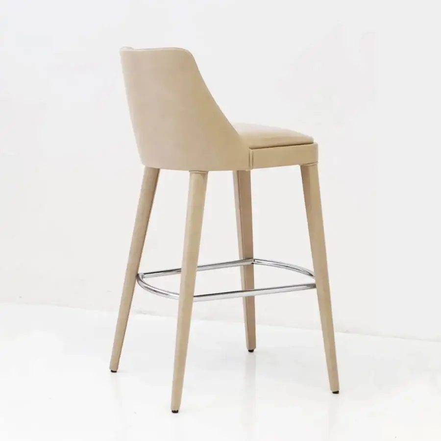 Distinguished Casa Casati Lola stool upholstered in light beige fabric with refined piping and beech wood legs exhibiting a smooth matte finish