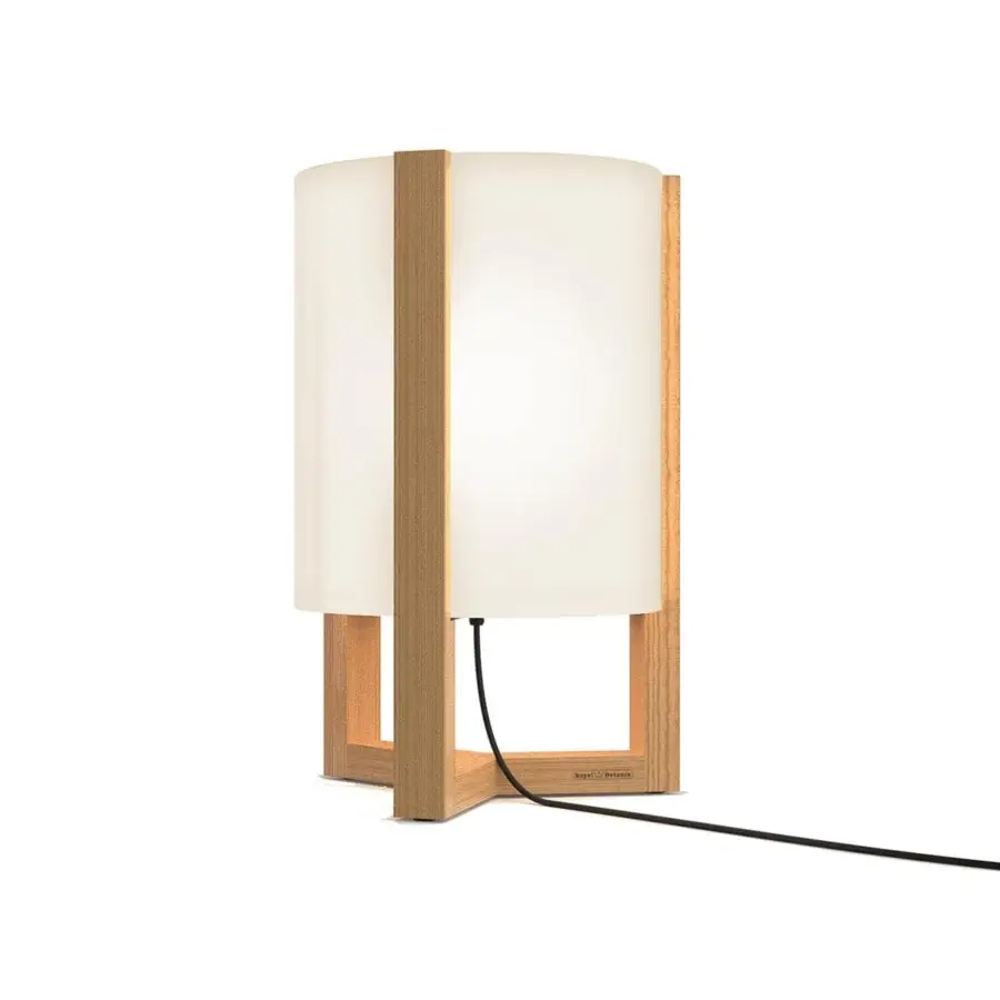 Exclusive Royal Botania Tristar floor lamp with teak wood frame and refined smoked glass lampshade showcasing a smooth finish