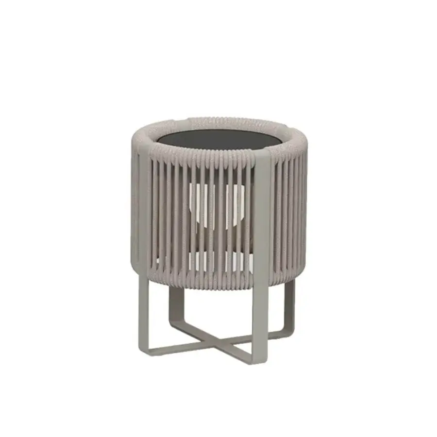 Innovative Royal Botania Ropy table lamp with light gray polyolefin rope shade and coated aluminum sand frame
