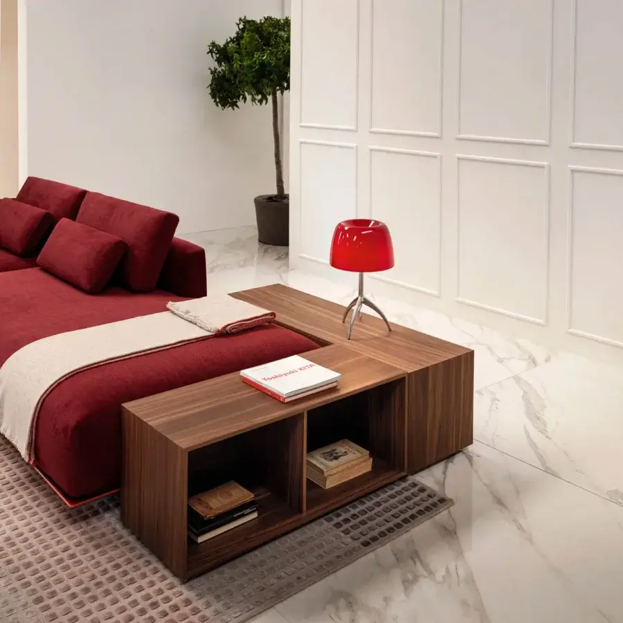 Superior Horm Billie sectional with a light ecological aluminum frame upholstered in deep red textile boasting a matte finish