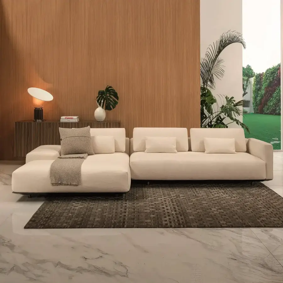 Elegant Horm Billie sectional with an ecological aluminum frame upholstered in light beige textile boasting a matte finish
