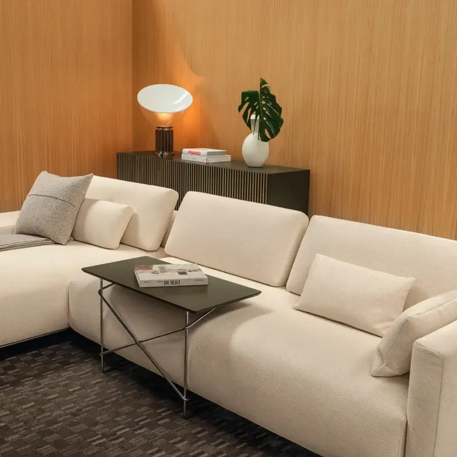 Distinguished Horm Billie sectional with a light cream textile and textured matte finish built with an ecological aluminum frame