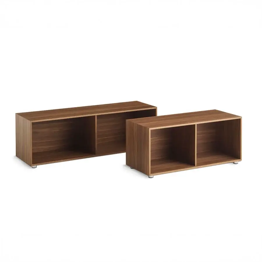 Exceptional Horm Billie sectional with an ecological aluminum frame and dark brown matte wooden storage units supported by silver-toned metal feet