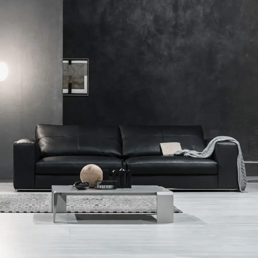 Exceptional Cierre1972 Dolce Vita sofa in matte black textile with oblique cushions and sleek metal base