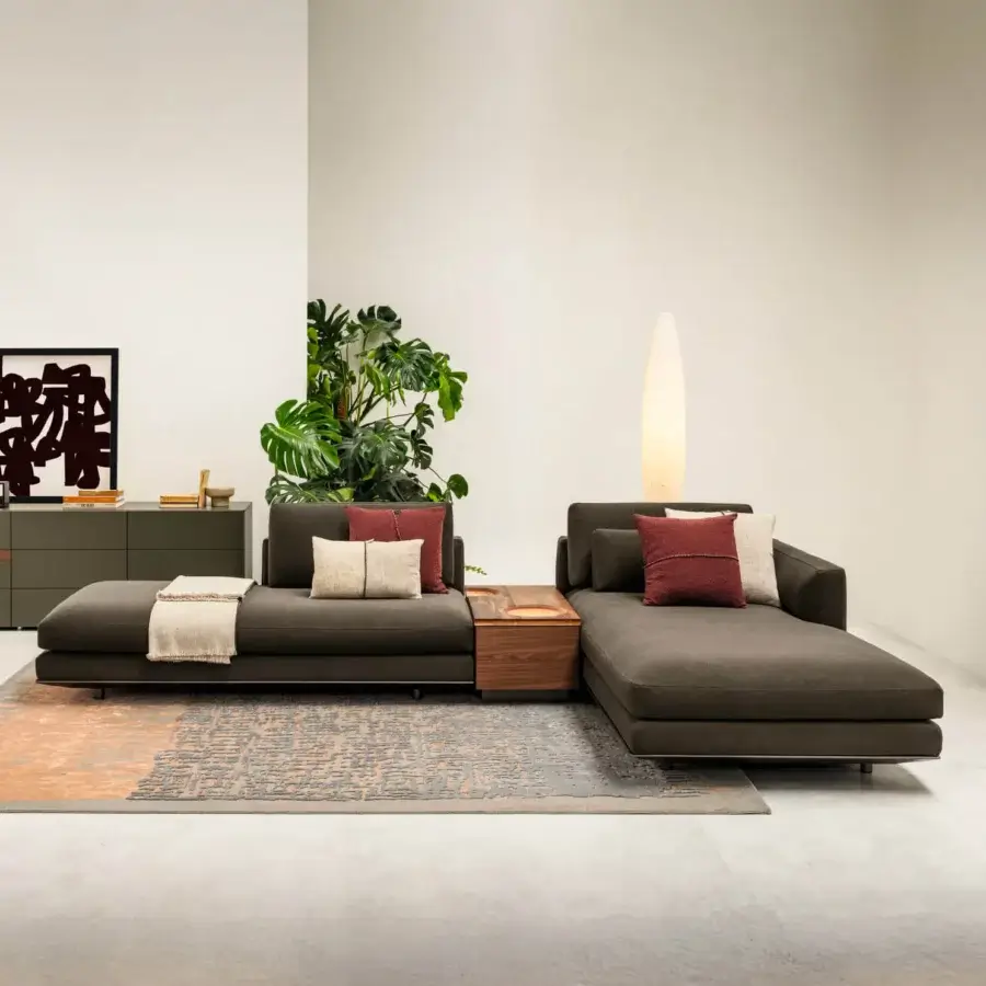 Distinguished Horm Miles sectional with a low profile, dark neutral upholstery and light aluminum frame built with Italian tailoring