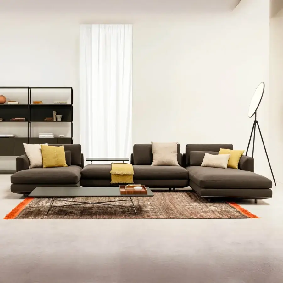 Exceptional Horm Miles sectional with a linear silhouette, dark gray textile upholstery and matte finish