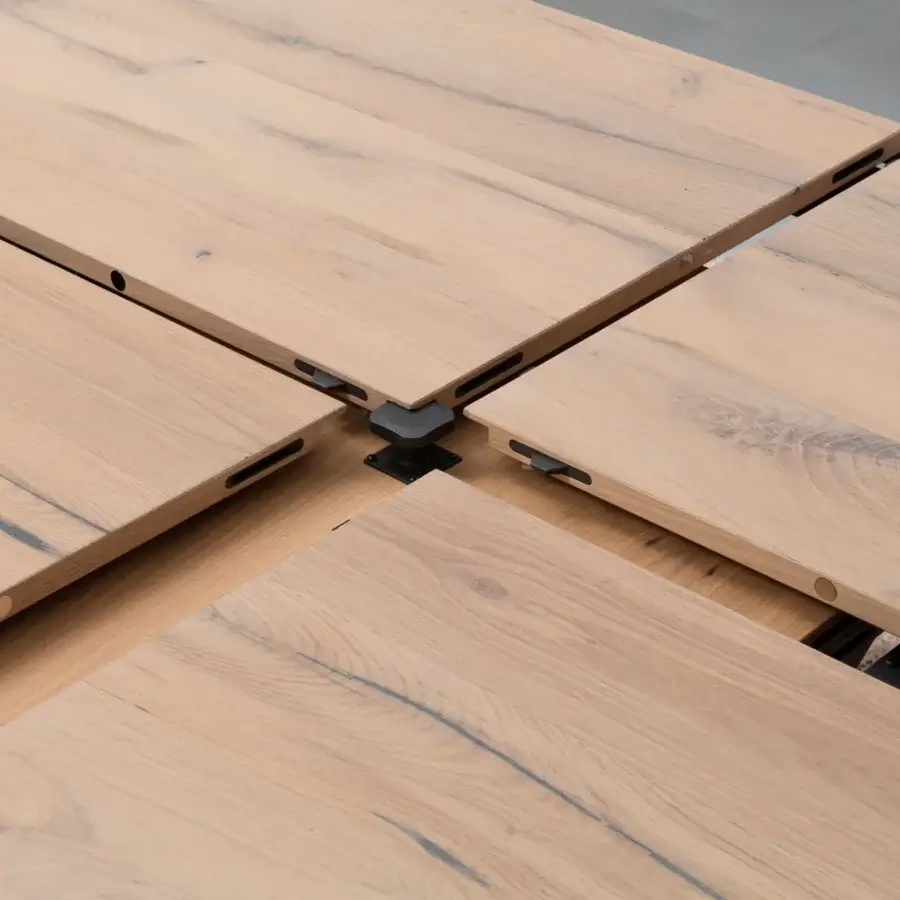 Elegant Ozzio Italia Fil8 extendable table with a smooth, natural wood top and geometric metal rods base
