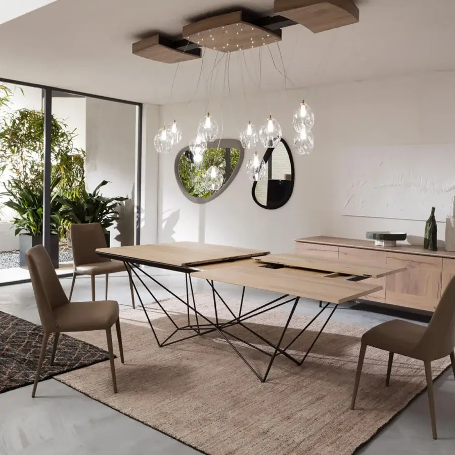 Exceptional Ozzio Italia Fil8 extendable table crafted with light brown wood and interconnected metal rods
